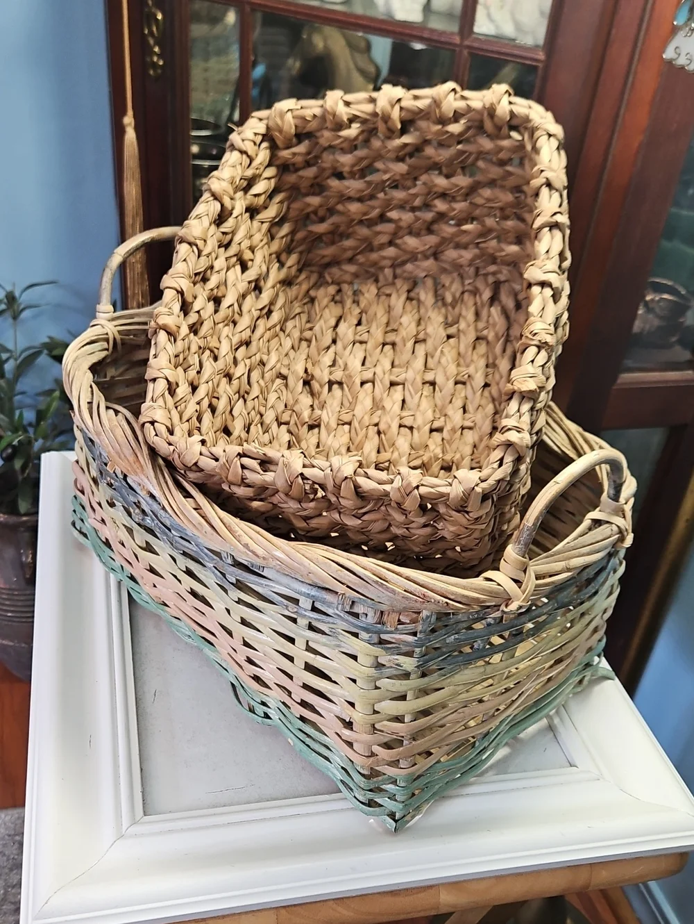 Woven Natural and Pastel Rectangular Storage Basket Set